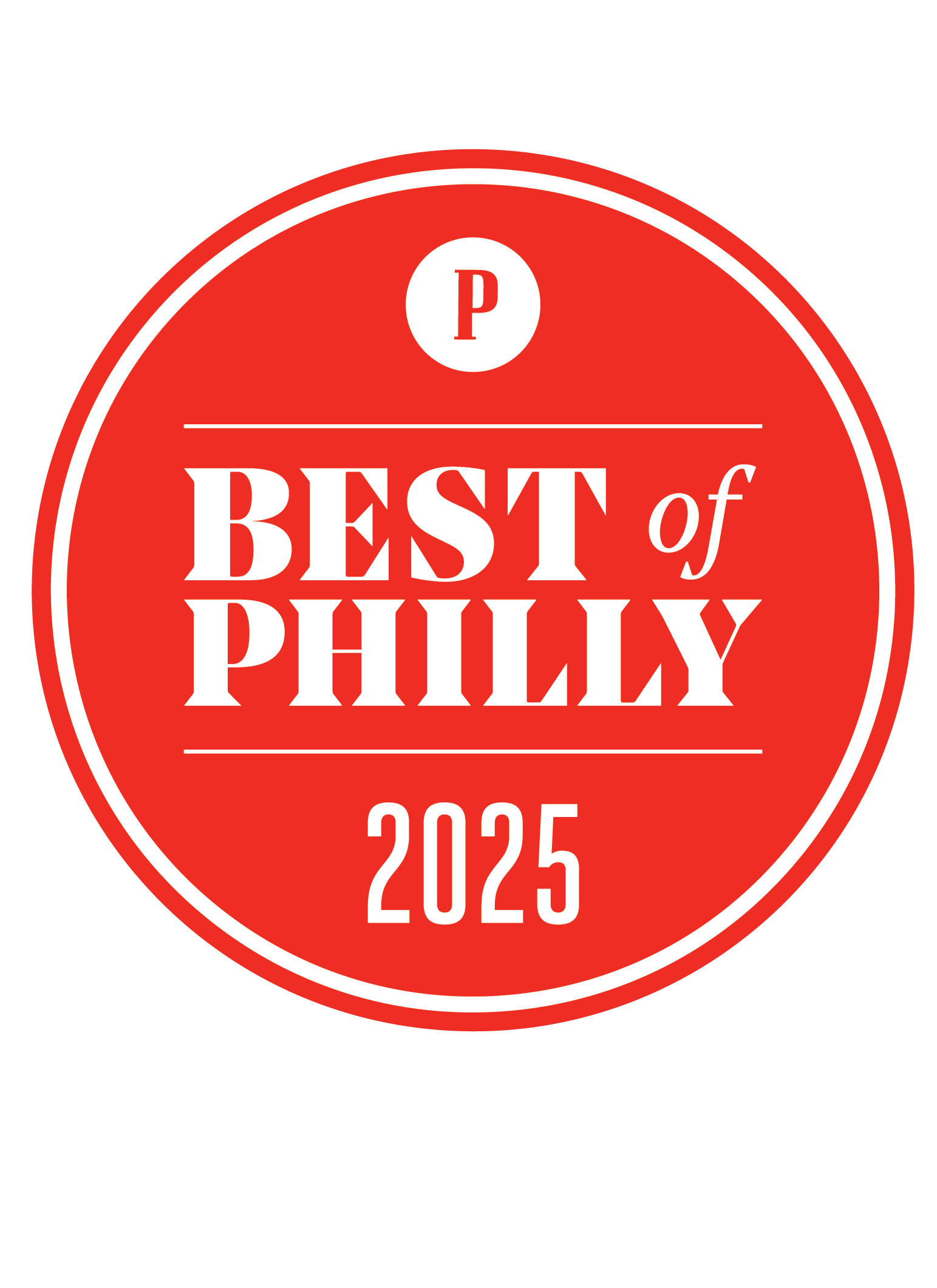 Red circular logo featuring the text 'Best of Philly 2025' with a letter 'P' at the top. Philly Mag